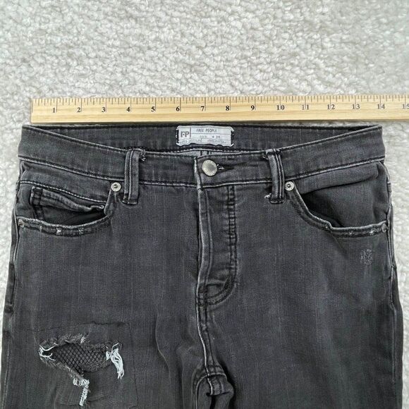 Free People Fishnet Patch Skinny Jean Button Fly Washed Out Black - Picture 12 of 15